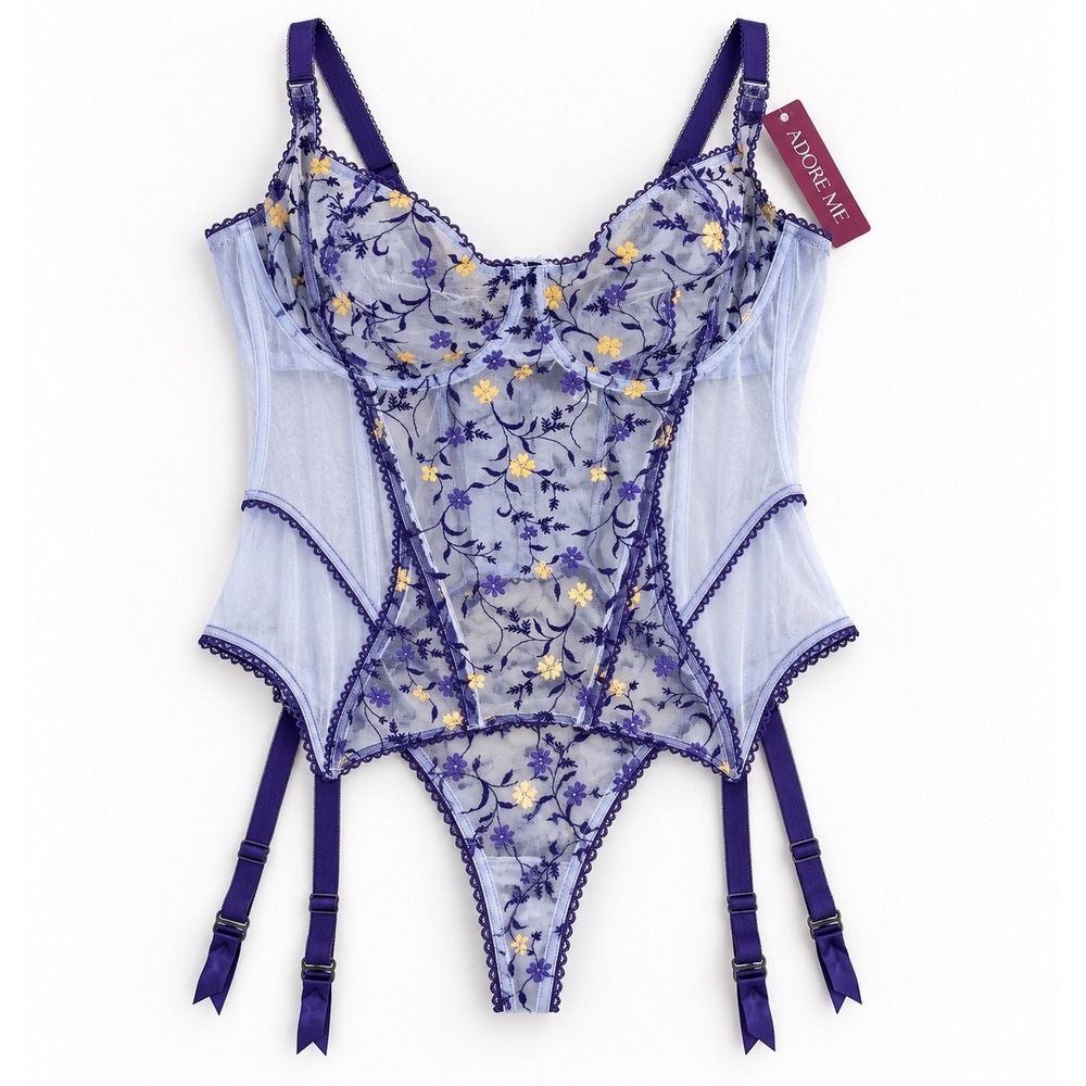 Adore Me Floral Embroidered Bustier Garter Set Light Blue Purple 40DD XL